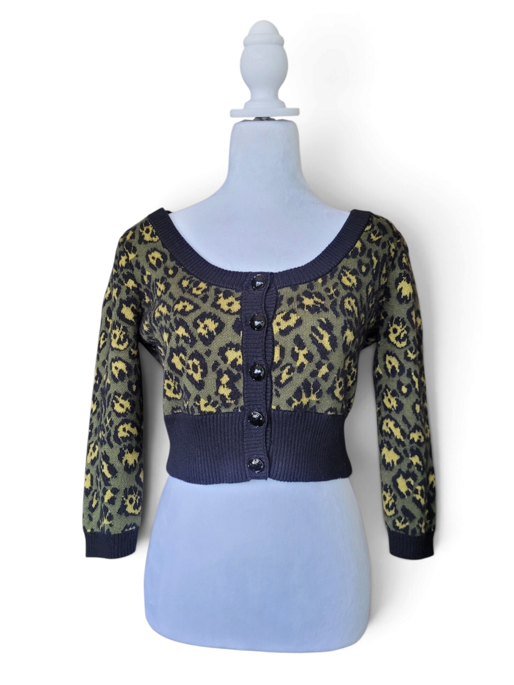 Vintage Betsey Johnson Angora Blend Cropped Leopard Knit Cardigan Green Black